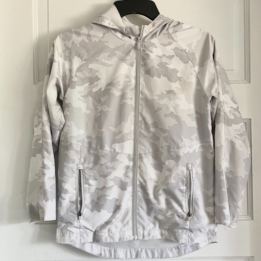Silver light grey gray white camouflage camo rain jacket windbreaker hooded hood